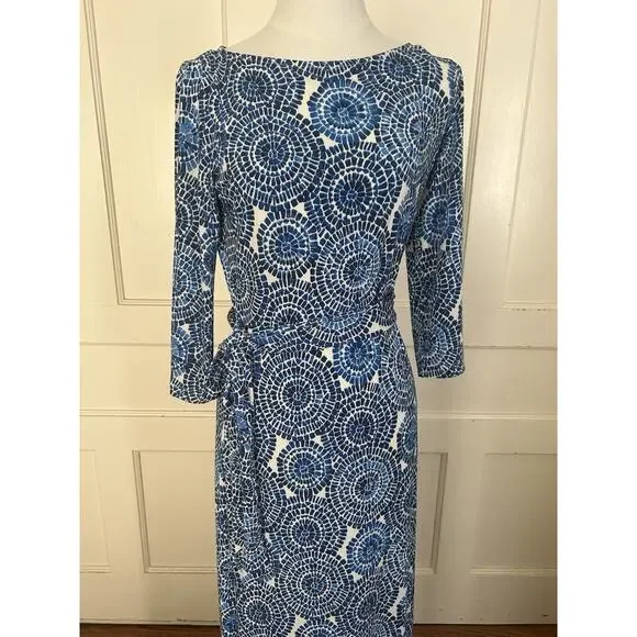 Boston Proper Mosaic Medallion Belted Maxi Dress Womens Size 4 Blue White - Picture 2 of 12